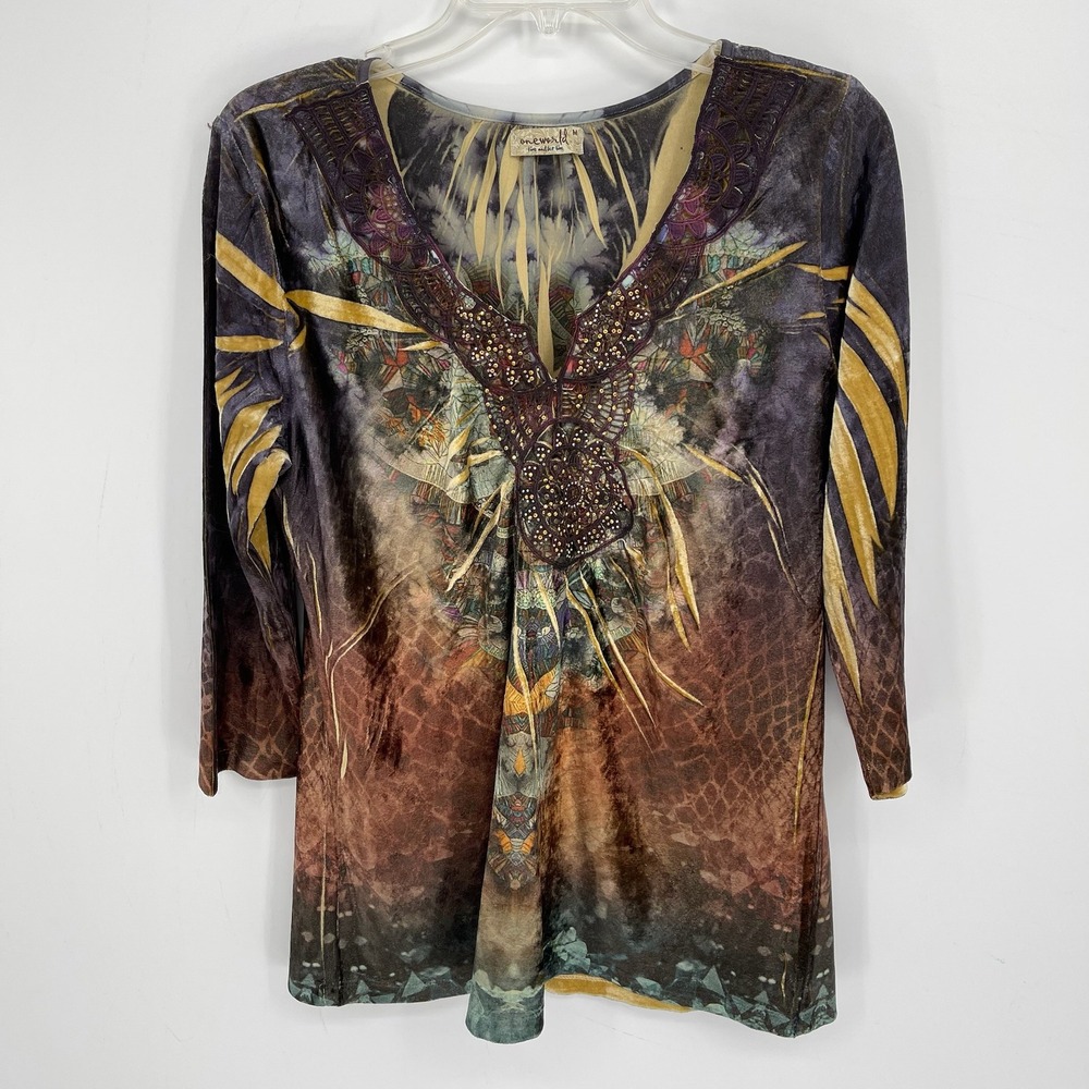 One World Women's Multicolor Embellished Velvet Burnout Tunic Top Size M